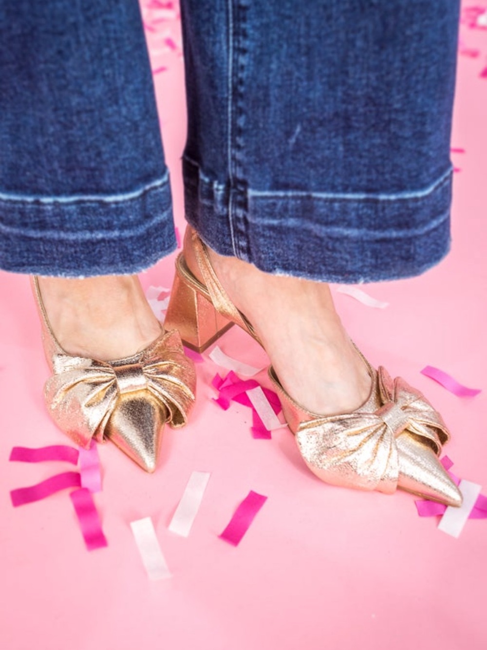 Metallic Gold Bow Pointed-Toe Slingback Heels